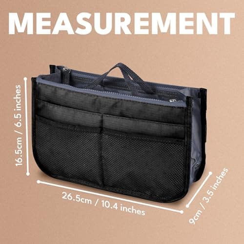 JJ PRIME - Multi-Compartment Handbag Insert | Expandable Liner Bag Pouch Zipper Closure | Tote Bag Organiser Insert with 13 Pockets and Handle for Easy Lifting (Travel, Cosmetics, Toiletries), Black — view 6