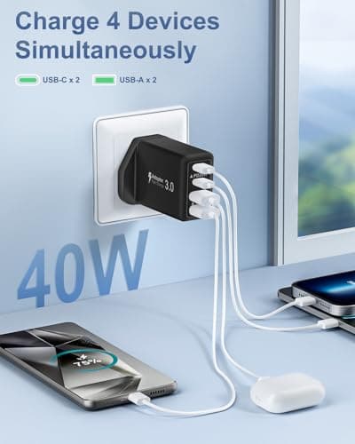 USB C Plug, 40W 4-Port Multi USBC Plugs Fast Charge UK Dual PD Power Adapter +QC Multiport Wall Charger Head Mains Type C Fast Charging Plug for iPhone 17 16 15 14 13 12 11 Pro Max Plus, Samsung, iPad — view 3