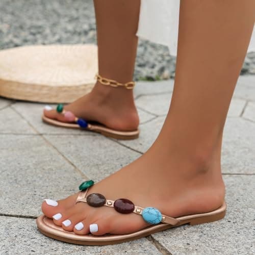 Womens Summer Sandals, Women's Stone Toe Post Thong Sandal Flat Low Wedge Flip Flop Fashion Summer Beach Travel Walking Slippers Slip on Lightweight Soft Indoor Outdoor Shoes Rose Gold — view 6