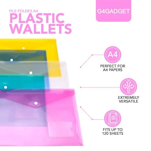G4GADGET Pack of 5 A4 Plastic Wallets – Durable Popper Document Folders for Paperwork, Office & School Filing – Transparent Waterproof File Organiser — view 4