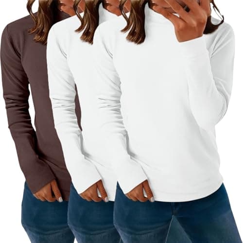 YCBMINGCAN Pack of 3 Women's Thermal Shirt Long Sleeve & Turtleneck Shirt Lightly Lined Soft Basic Top with Stand-Up Collar Thin Fleece Undershirt Winter Tops for Women, #3 Coffee, M — view 4