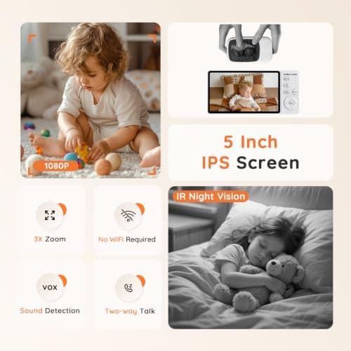 boifun nova 2026 Baby Monitor with Camera and Night Vision, No WiFi, 1080P, 5-inch IPS Screen, Sound Activated Mode, 20H Battery Life, Two-way Talk, Temperature Sensor, 3x Zoom, Feeding Reminder — view 3