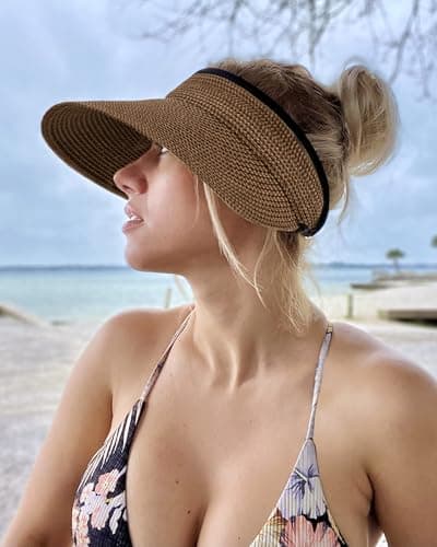 Women's Wide Brim Straw Sun Visor, UV Protection Packable Ponytail Beach Hat, Summer Outdoor Travel Visor Brown — view 5
