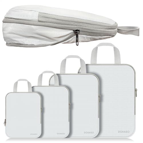 Doxaso Compression Packing Cubes Ultralight Expandable Suitcase Organiser Bags Water Repellent Travel Organiser for Backpack 4 PCS (A-White-4 Pcs, 4 PCS)