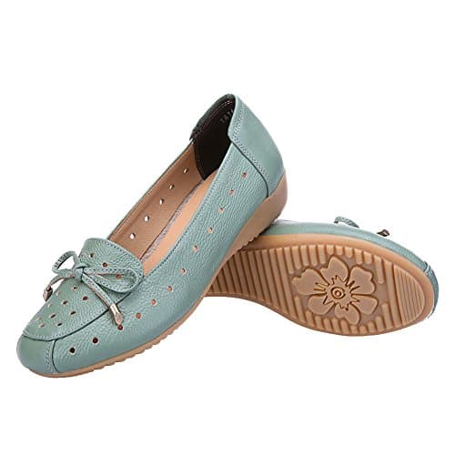 Jamron Women Genuine Leather Comfort Shoes Soft Sole Ballerinas Low Wedge Heel Slippers Hollowed Out Turquoise SN020628-2 UK6 — view 5