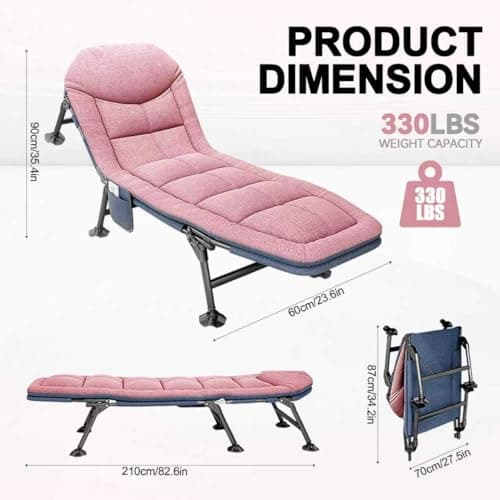 Foldable Sun Lounger, Garden Sun Loungers, 6-way Adjustable Camping Bed, Folding Sunbed with Pillow and Mattress, Fishing Bed Chair Perfect for Camping, Indoor/Outdoor (190 x 65 x 30 cm) (1, Pink) — view 3