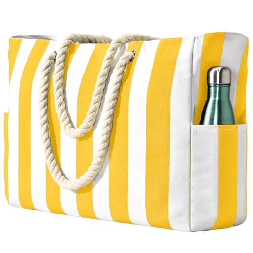 Becokan Beach Bags for Women Stripe Large Beach Tote Bag, Yellow, L