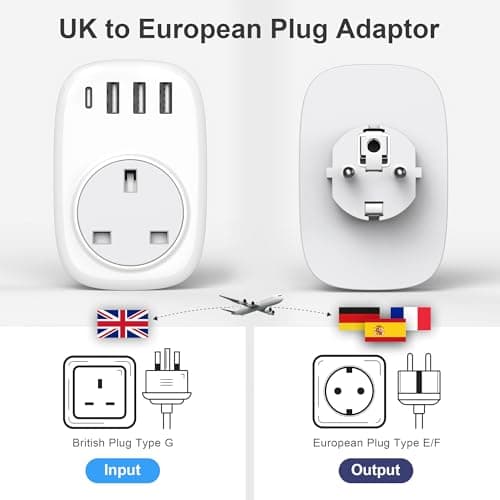 UK to European Plug Adaptor - UK to EU Plug Adapter Euro Europe European Schuko USB C Travel Charger with USBC Type C for France Germany Spain Turkey Greece Poland Iceland Russia (Type E/F) Tusreda — view 2