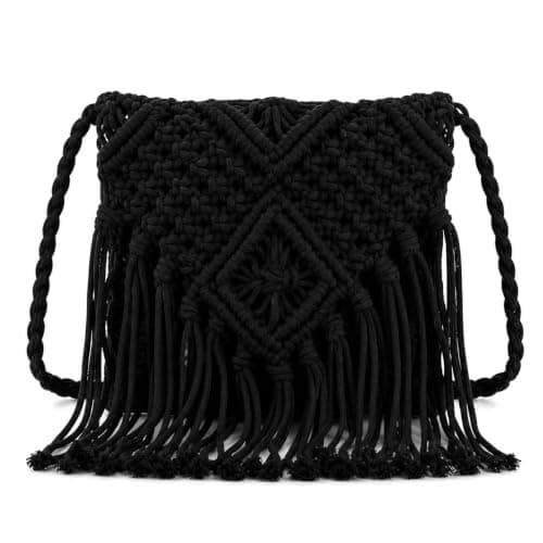 Fjquamitix Straw Cross Body Bag Women Boho Macrame Handmade Crochet Bag With Zipper Closure Fringe Shoulder Beach Purse Summer Handbags Travel Vacation Daily Use (Black)