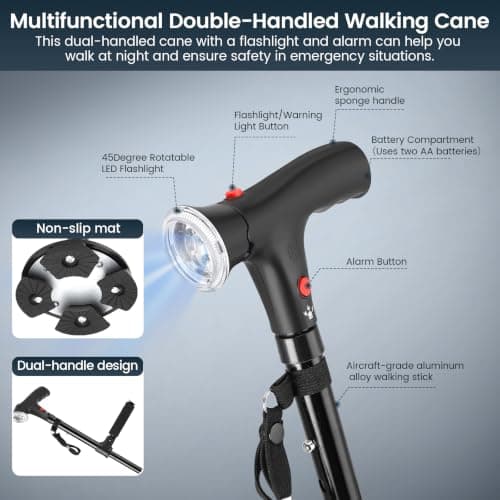 Adjustable Walking Stick with LED Light, Alarm, Dual Handle and Quad Base — view 2