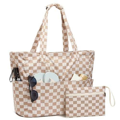 G4Free Large Beach Bag for Women, Waterproof Sandproof Foldable Beach Tote Bags with Zip, Pool Travel Swim Grocery Tote Bags, Brown Plaid