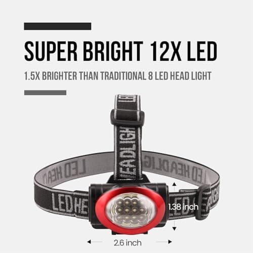 Lichamp Headlamp, 10 Pack 12 LED 3 Mode Portable Head Lamp Flashlight, Outdoor Lightweight Durable Headlight for Running, Camping, Reading, Fishing, Hunting, Walking, Jogging, Black + Red Color — view 2
