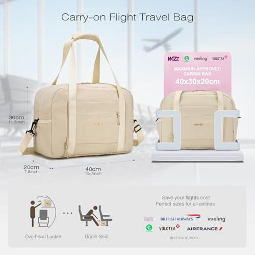 SPAHER for Ryanair Cabin Bags 40x30x20 Underseat Wizzair Carry on Hand Luggage Foldable Travel Duffel Flight Bag Women Men 25L with Wet Pockets Holdall Tote for Overnight Airplane Weekend, Beige — view 2
