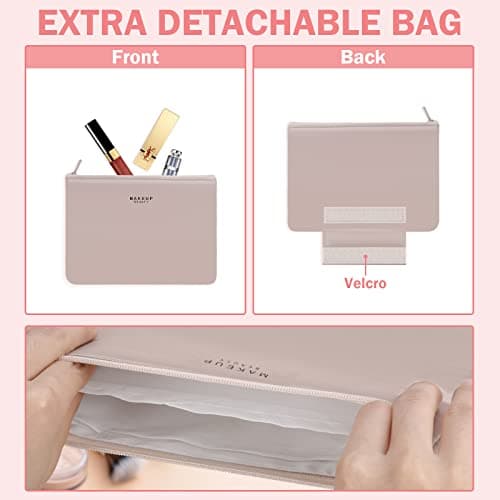 Travel Makeup Bag [with Brushes Holder & Detachable Pouch] Cosmetic Bag Large Capacity Waterproof Makeup Case Storage Organiser for Women & Girls (Pink) — view 4