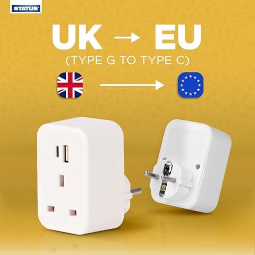 Status UK to EU Travel Adaptor, USB-A & USB-C Ports, White — view 3
