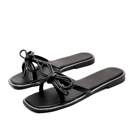 INNERSECT CO Women's Bow Decor Flat Slide Sandals - Open Toe Square Toe Casual Summer Slippers for Beach & Daily Wear (BLACK, Adult, Women, 5, Numeric, UK Footwear Size System, Medium)