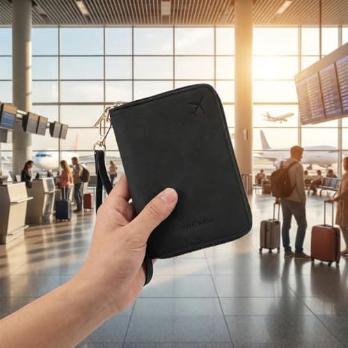 Jdbefuy Passport Holder Travel Wallet, RFID Blocking PU Leather Document Organiser with Secure Zipper Closure and Wrist Strap, Waterproof Holiday Travel Essentials for Men and Women (Black) — view 4