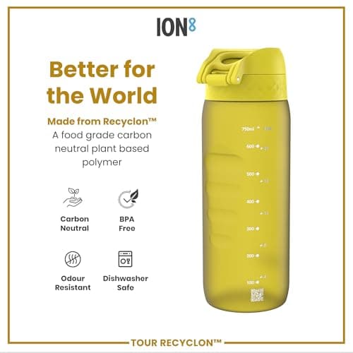ION8 Sports Water Bottle, 750 ml/24 oz, Leak Proof, Easy to Open, Secure Lock, Dishwasher Safe, BPA Free, Flip Cover, Carry Handle, Soft Touch Contoured Grip, Easy Clean, Odour Free, Yellow — view 5