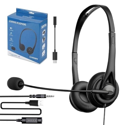 LINNIW USB Headset with Microphone for PC Laptop, 3 in 1 Wired Headphones with Noise Cancelling Mic & Audio Controls, Adjustable Headset for Office, Call Center, Online Classes, Teams, Zoom, Skype