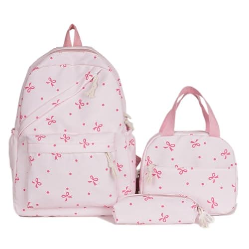 HiTotes Bow Backpack School Bags for Girls 3pcs Set Bow Coquette Schoolbag Preppy Kawaii Daypack Backpack for Secondary Primary Middle School