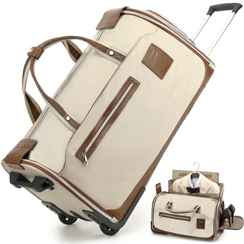 TONRUYN Rolling Garment Bags for Travel Suit Dress Bag with Wheels Handle 55L Carry on Garment Duffle Bag for Women with Shoe Compartment 3 in 1 Foldable Travel Luggage for Business Wedding, Beige