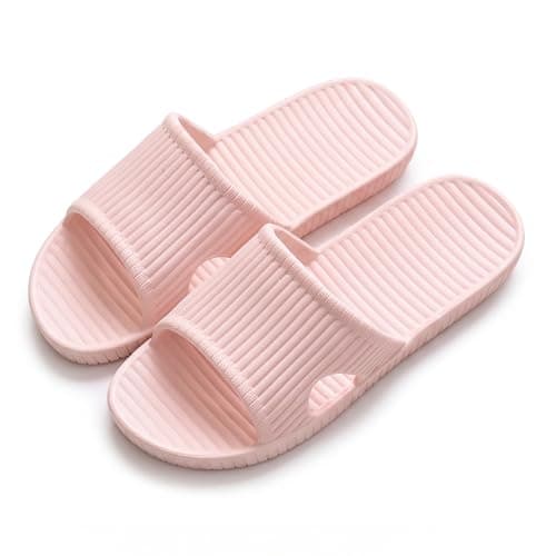 PUYTG Shower Shoes for Women/Men, Non-Slip Flat House Slipper Sandals, Lightweight Soft Flip Flop Shoes, Ladies Sliders for Home Bathroom Garden Poolside Beach Travel, Pink, 6/7 UK