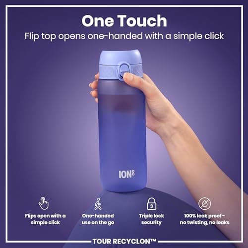ION8 Sports Water Bottle, 750 ml/24 oz, Leak Proof, Easy to Open, Secure Lock, Dishwasher Safe, BPA Free, Flip Cover, Carry Handle, Soft Touch Contoured Grip, Easy Clean, Odour Free, Light Purple — view 3