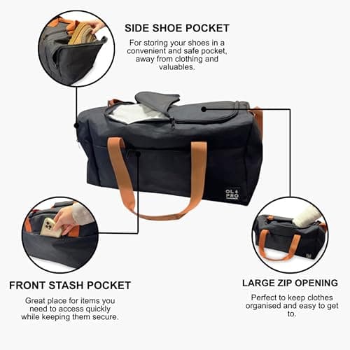 OLPRO 40L Holdall Bag – Waterproof Travel & Gym Duffel with Padded Strap, Hard Base & Multiple Pockets – Weekend, Sports & Day Trip Bag for Sports, Gym, Yoga, Swim Black — view 2