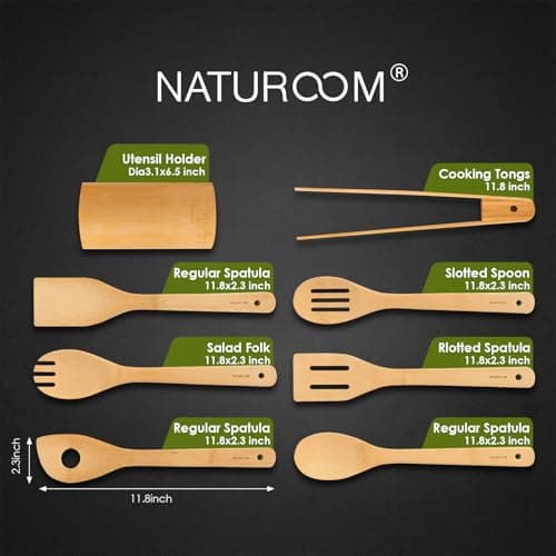 Naturoom Kitchen Utensils Set of 8 PCS, 12Inches Bamboo Wooden Cooking Spoon & Spatula Tools Perfect for Non-Stick Cookware (Bamboo 12inches) — view 2