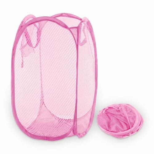 HOMESHOPA Laundry Baskets Pop Up Mesh Washing Bag, Pink Foldable Dirty Clothes Baskets with Handles&Side Pocket, Collapsible Toy Tidy Storage Organiser, Great for Kids Room, College Dorm Travel