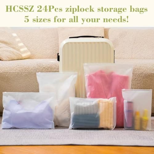 24 Pcs Reusable Ziplock Bags,Travel Clothes Storage Bags,Plastic Hospital Bag Organiser Pouches,Essentials Frosted Resealable Waterproof Luggage Bags for Clothes,Maternity,Shoes, Cosmetics,5 Sizes — view 5