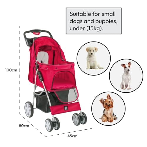 KCT Hooded Foldable Pet Dog Cat Stroller Red- 4 Wheel Travel Carriage with Safety Leash, Canopy, Cup Holder, Storage Tray — view 3