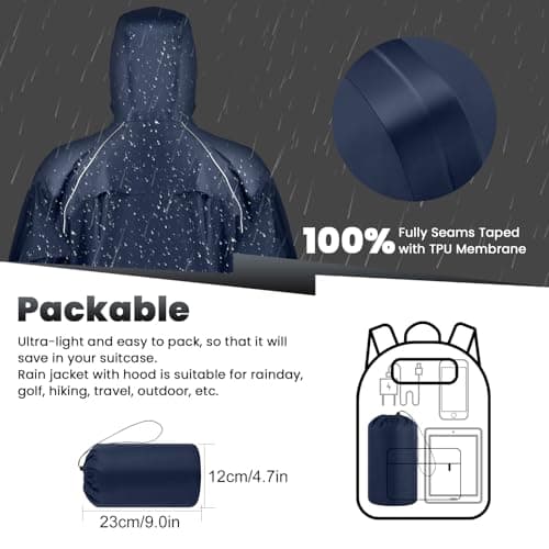 SOPPY Waterproof Rainsuit Jacket Pants Suits for Men Women, Hooded Rain Jacket Waterproof Rain Coat with Trousers, Packable Raincoat Sets with Carrying Bag for Fishing Hiking Camping (Blue, L) — view 5