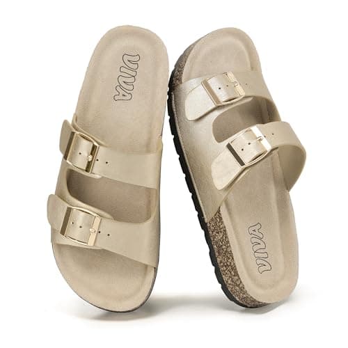 VIVASHOES Women’s Double Buckle Cork Footbed Sandals - Adjustable Flat Slide Sandals for Ladies - Comfortable Open Toe Summer Slippers - Gold Metallic UK 7