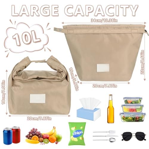 Winsegom Roll-Top Insulated Lunch Bag, 10L Waterproof Thermal Cooler Tote Bag, Reusable Leakproof Lunch Box for Men Women, Practical Food Storage Handbag for Work School Picnic Travel (Khaki) — view 5