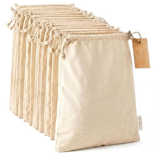 Leafico Organic Cotton Produce Bags - Medium 20x25 cm (12 Pack) - Reusable Muslin Storage Bags with Drawstrings – Biodegradable Canvas Fabric - Perfect for Snacks, Clothes