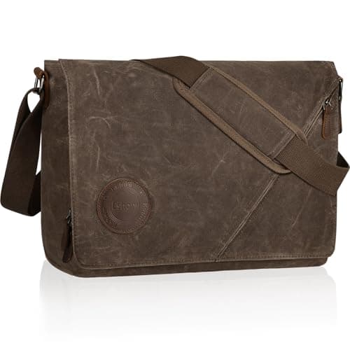 Eshow 14 Inch Messenger Bags for Men Women, Water-Resistant Canvas Shoulder Bag with Multi Pockets, Reliable Commuter Laptop Briefcase for Daily Travel, Brown