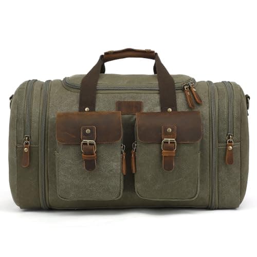 Imyth 60L Large Capacity Leather Duffle Bag - Classic Vintage Expandable Canvas Weekend and Overnight Travel Bag, Airplane Carry-On Luggage（Army Green） — view 2