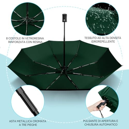 TechRise Umbrella, Compact Strong Windproof Automatic Umbrellas, Folding Lightweight, Portable Travel Golf Umbrella for Rain, Green — view 3