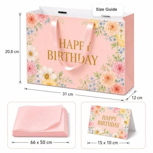 OMBRISA Birthday Gift Bag for Present 2Pcs, Happy Birthday Party Present Bags with 6 Tissue Paper and 2 Greeting Card, Luxury Paper Gift Bags, Pink Wrap Wrapping Bag for Girl Women Gift (30x12x22cm) — view 2