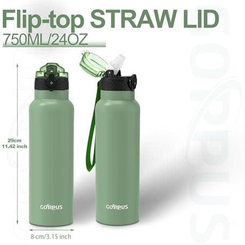 GOPPUS 750ml/26oz Stainless Water Bottle with Straw Double Wall Insulated Bottles with Strap Reusable Vacuum Thermal Flask Leakproof Keep Cold Drinks Bottles with Flip Top Lid BPA Free (Light Green) — view 2