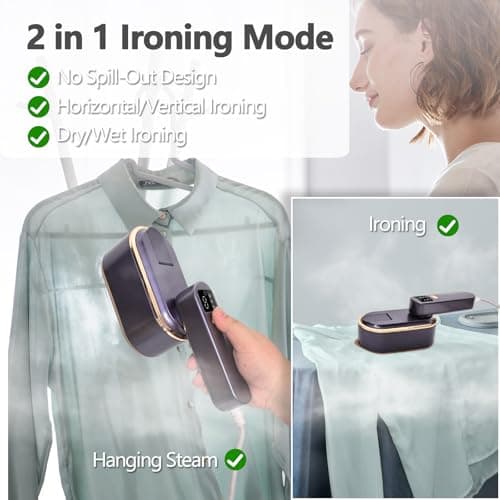 ZStarlite Travel Steamer Portable & Folding Steam Iron with LCD Screen 180°F, Handheld Clothes Steamer 1300W 150ML Steamer 10s Fast Heat-up 3 Steam Levels for Travel, Home, Office(Purple) — view 2