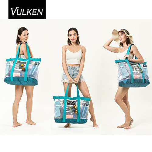 Vulken 42L Extra Large Mesh Beach Bag. 9 Pockets Top Zip Tote Bag, Turquoise — view 2