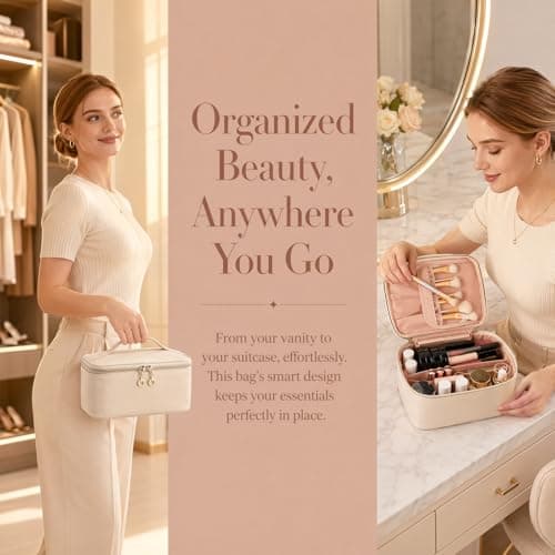 Large Makeup Bag with Compartments for Women, Beige Travel Cosmetic Pouch, Portable Toiletry Organizer Case for Skincare and Beauty Essentials — view 2