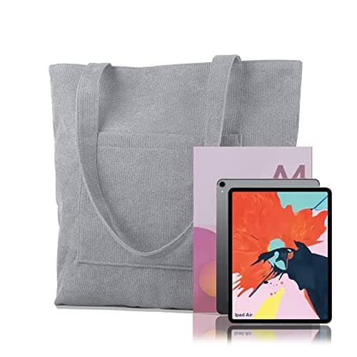 Kememo Corduroy Tote Bag with Zip, Shoulder Bag Women's Hobos Handbags Large Capacity Shopping Bag with Inner Pocket, Grey — view 3