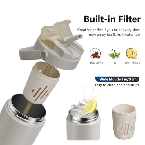 KANGZY Coffee Cup Travel Mug 600ml – Stainless Steel Insulated Water Bottle, 2-in-1 Lid, Vacuum Thermal Cup, Leak-Proof Design, Keeps Drinks Hot 8H+ / Cold 24H – Work, Travel & Car (Cream White) — view 4