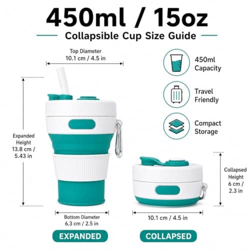 AURALIN Collapsible Silicone Coffee Cup 450 ml Peacock Blue Leak-Proof — view 2