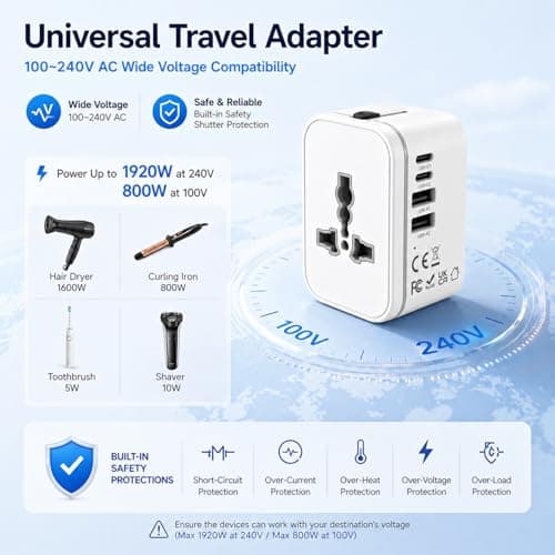 Universal Travel Adapter, International Travel Plug Adapter with 2 USB-C and 2 USB Ports, All in One Plug Adaptor with Dual Safety Fuses, Universal Charger Power Adapter for European EU US UK AUS — view 5