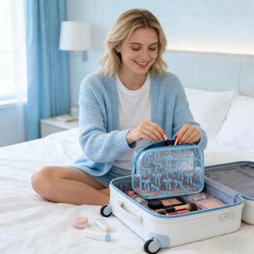 Clear Makeup Bag for Women Girls,Clear Travel Toiletries Bag Blue Bow Cosmetic Bag Travel Toiletry Bag,Waterproof Travel Makeup Bag Travel Wash Bag for Travelling Cosmetics Birthday Gifts (Blue) — view 4