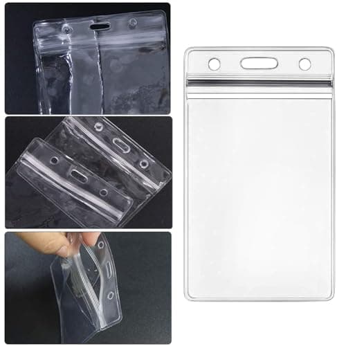 FSSTUD 50 Pcs Clear Badge Tag Holders Plastic Tag Sleeves Small ID Card Cases Travel Luggage Bag Tag Holders Waterproof Name Tag Covers with 50 Pcs Loops Straps for Office School — view 2